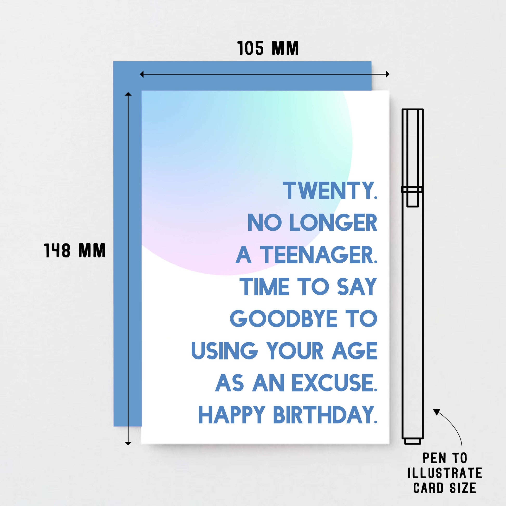 20th Birthday Card by SixElevenCreations. Reads Twenty. No longer a teenager. Time to say goodbye to using your age as an excuse. Happy birthday. Product Code SE2052A6