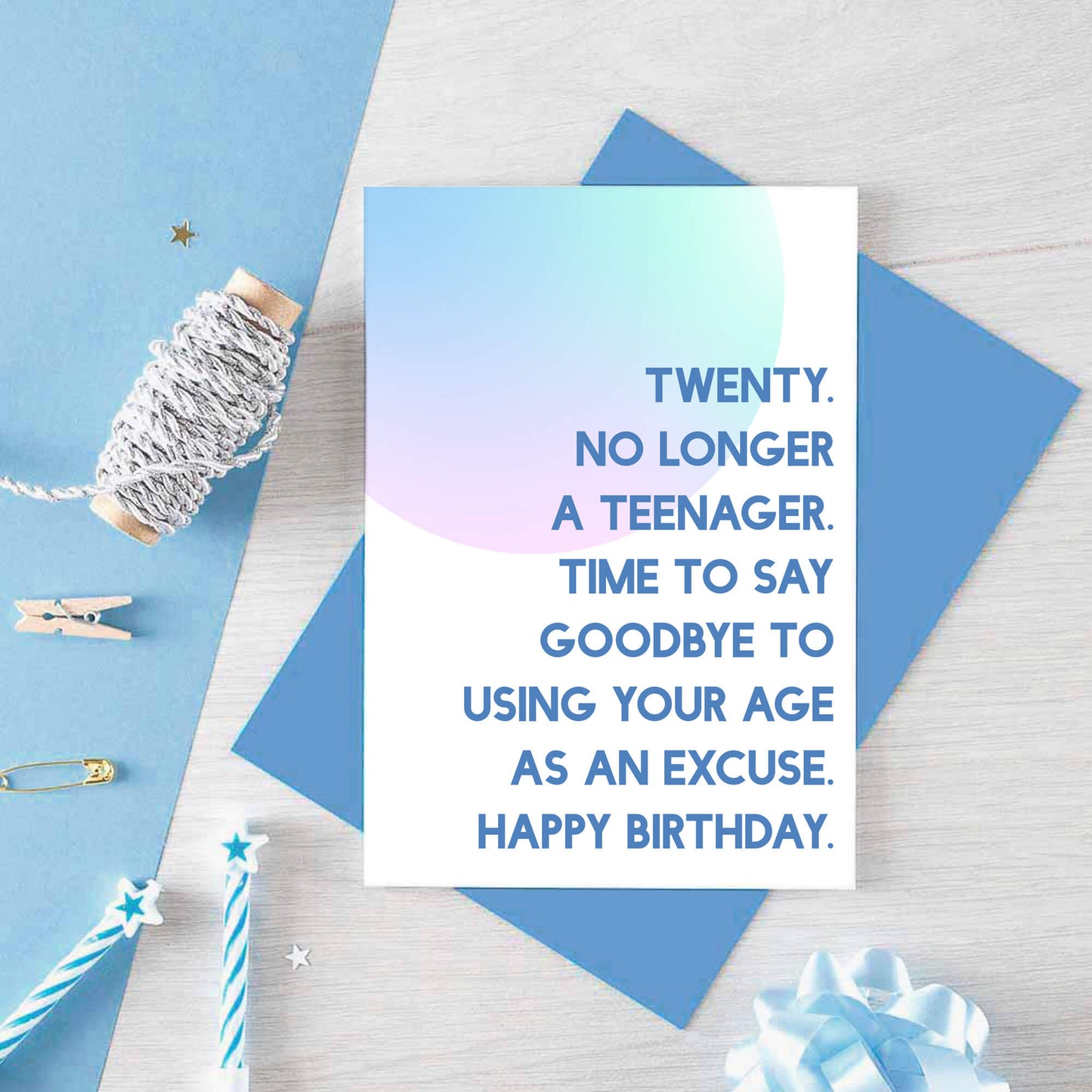 20th Birthday Card by SixElevenCreations. Reads Twenty. No longer a teenager. Time to say goodbye to using your age as an excuse. Happy birthday. Product Code SE2052A6