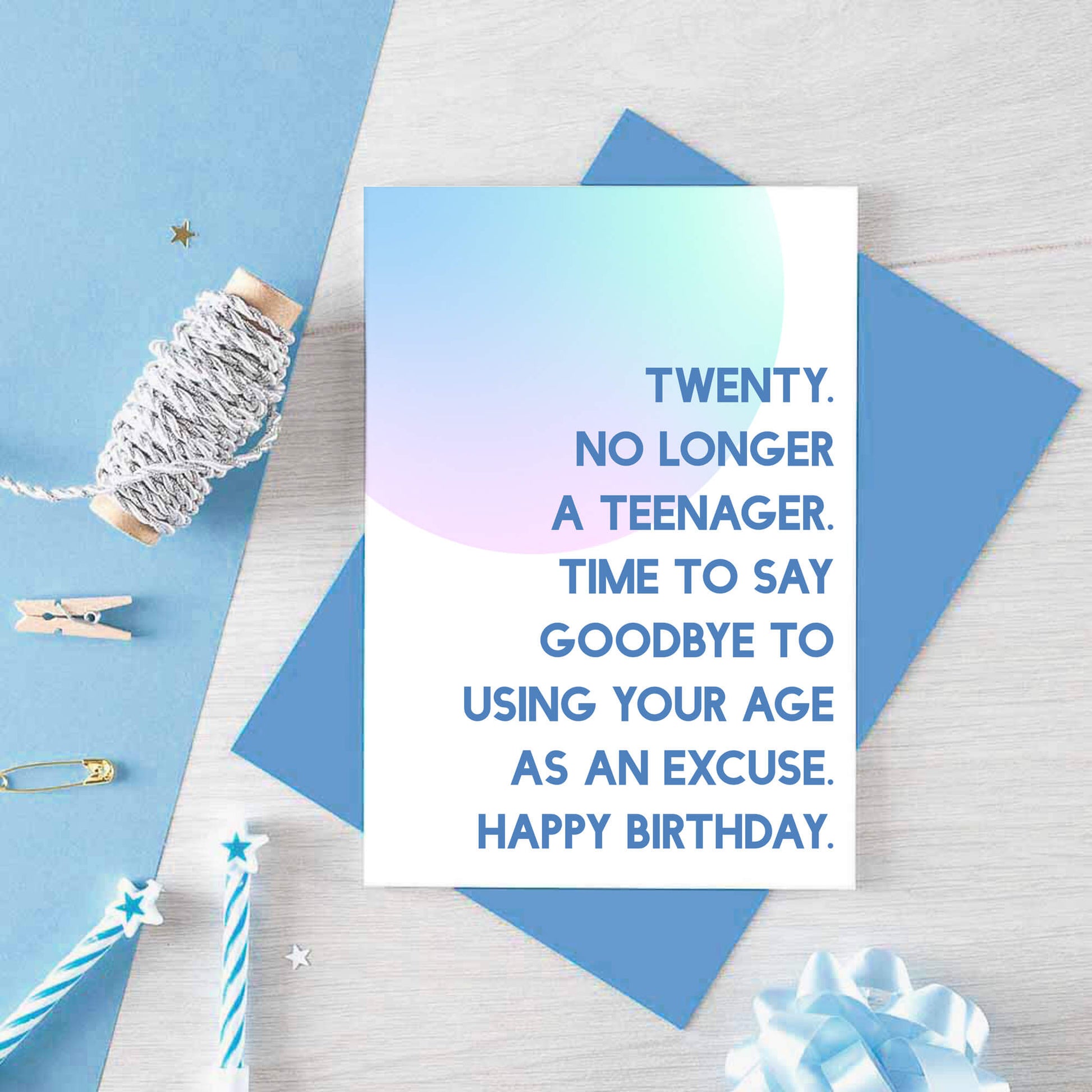 20th Birthday Card by SixElevenCreations. Reads Twenty. No longer a teenager. Time to say goodbye to using your age as an excuse. Happy birthday. Product Code SE2052A6