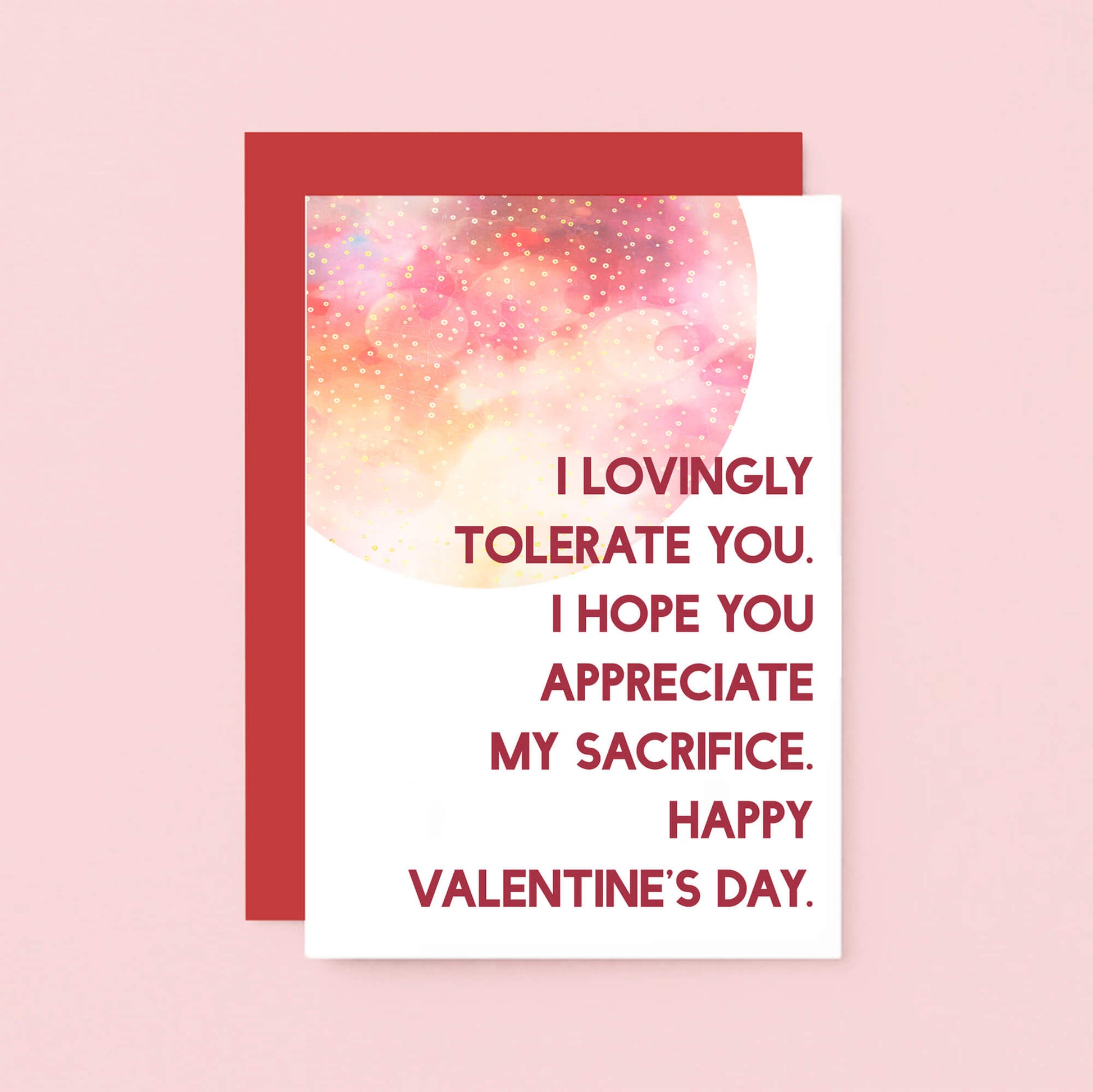 Valentine Card by SixElevenCreations. Reads I lovingly tolerate you. I hope you appreciate my sacrifice. Happy Valentine's Day. Product Code SEV0023A6