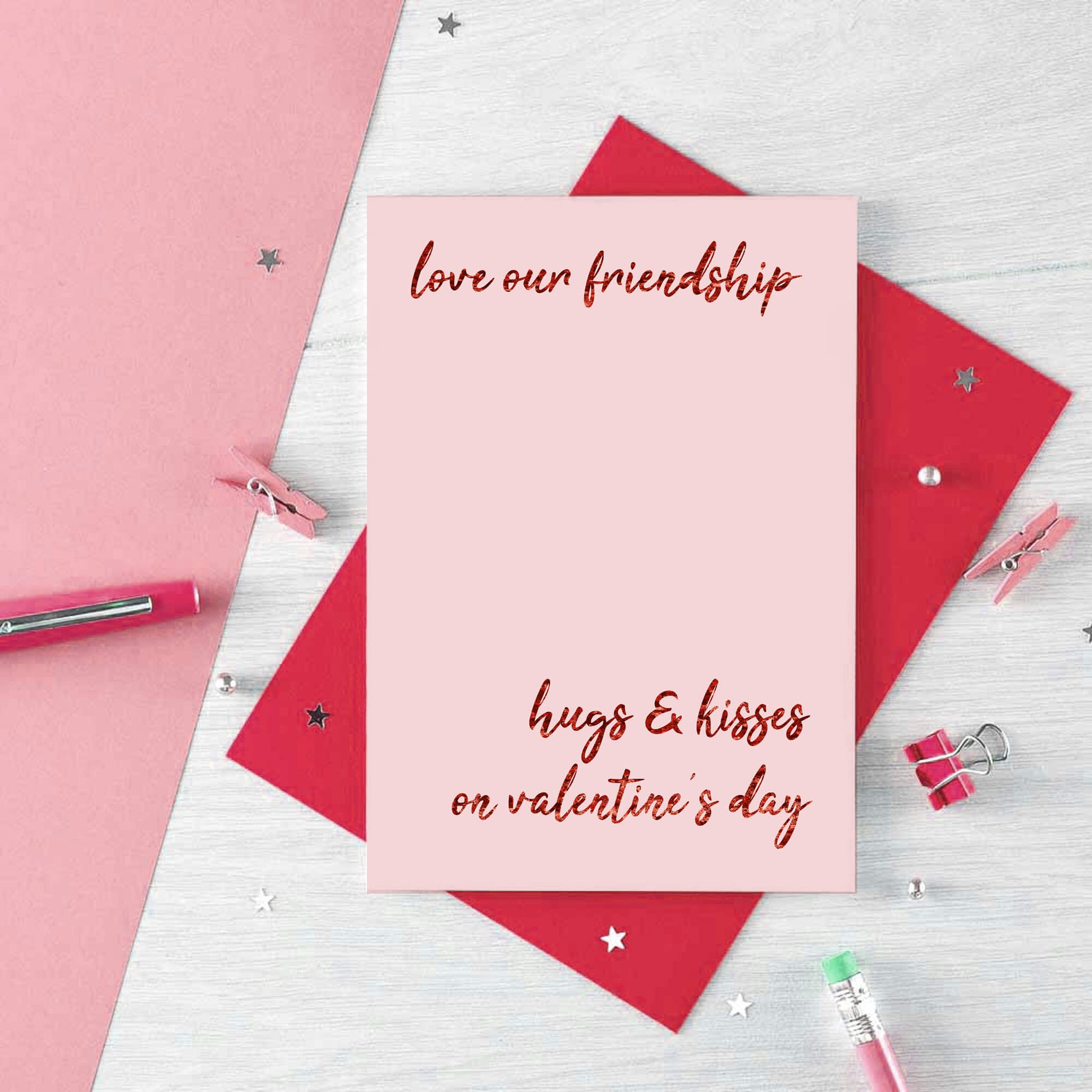 Valentine Card by SixElevenCreations. Reads Love our friendship. Hugs & kisses on Valentine's Day. Product Code SEV0036A6