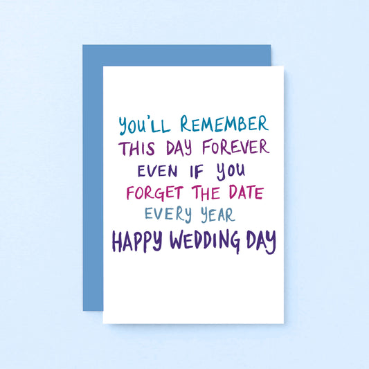 Wedding Day Card by SixElevenCreations. Reads You'll remember this day forever even if you forget the date every year. Happy wedding day. Product Code SE1007A6