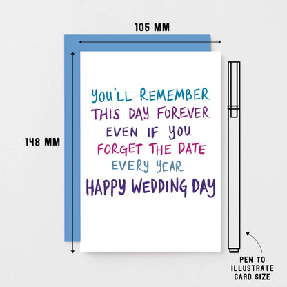 Wedding Day Card by SixElevenCreations. Reads You'll remember this day forever even if you forget the date every year. Happy wedding day. Product Code SE1007A6