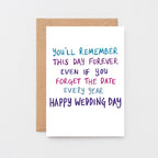 Wedding Day Card by SixElevenCreations. Reads You'll remember this day forever even if you forget the date every year. Happy wedding day. Product Code SE1007A6
