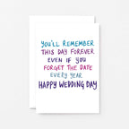 Wedding Day Card by SixElevenCreations. Reads You'll remember this day forever even if you forget the date every year. Happy wedding day. Product Code SE1007A6