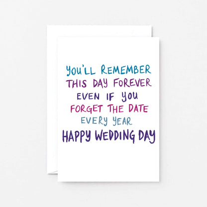 Wedding Day Card by SixElevenCreations. Reads You'll remember this day forever even if you forget the date every year. Happy wedding day. Product Code SE1007A6