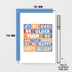Birthday Card by SixElevenCreations. Reads You will always be older than me and that makes me so happy. Happy birthday. Product Code SE0273A6
