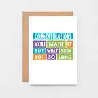 Congratulations Card by SixElevenCreations. Reads Congratulations You made it but what took you so long. Product Code SE0232A6