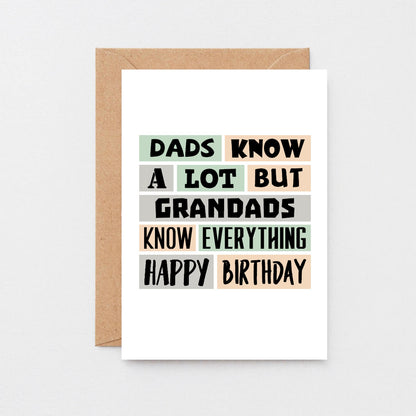 Grandad Birthday Card by SixElevenCreations. Reads Dads know a lot but grandads know everything. Happy birthday. Product Code SE0298A6