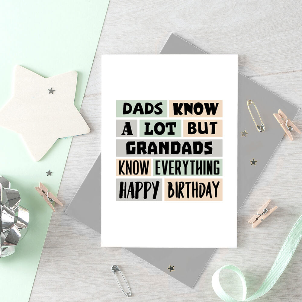 Grandad Birthday Card by SixElevenCreations. Reads Dads know a lot but grandads know everything. Happy birthday. Product Code SE0298A6