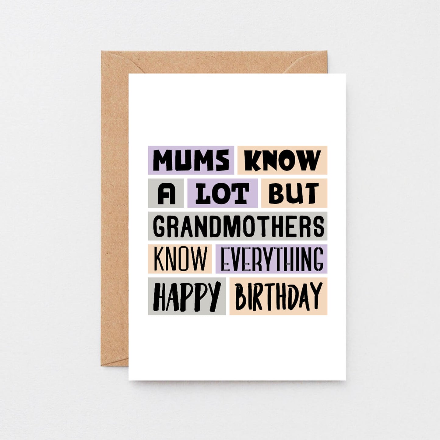 Grandmother Birthday Card by SixElevenCreations. Reads Mums know a lot but grandmothers know everything. Happy birthday. Product Code SE0299A6