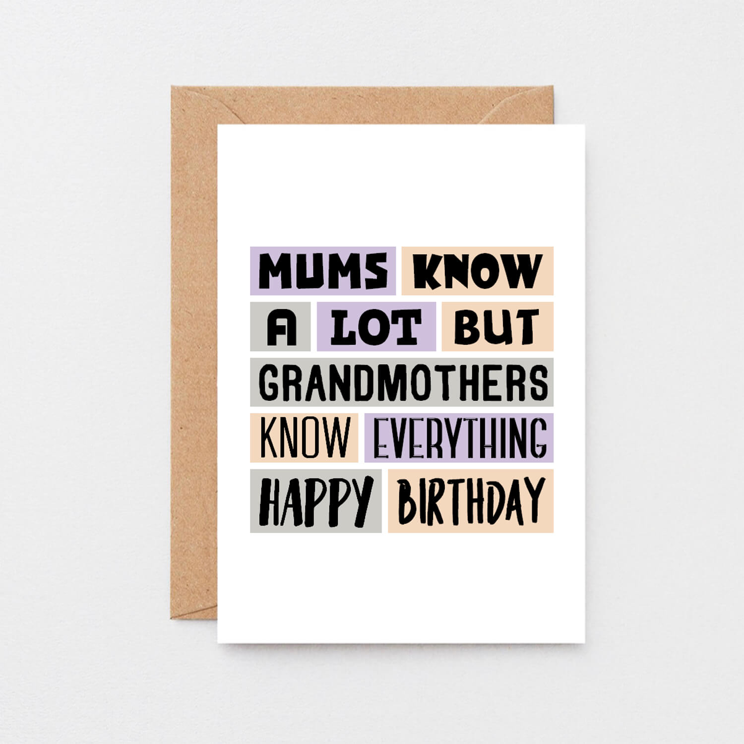 Grandmother Birthday Card by SixElevenCreations. Reads Mums know a lot but grandmothers know everything. Happy birthday. Product Code SE0299A6