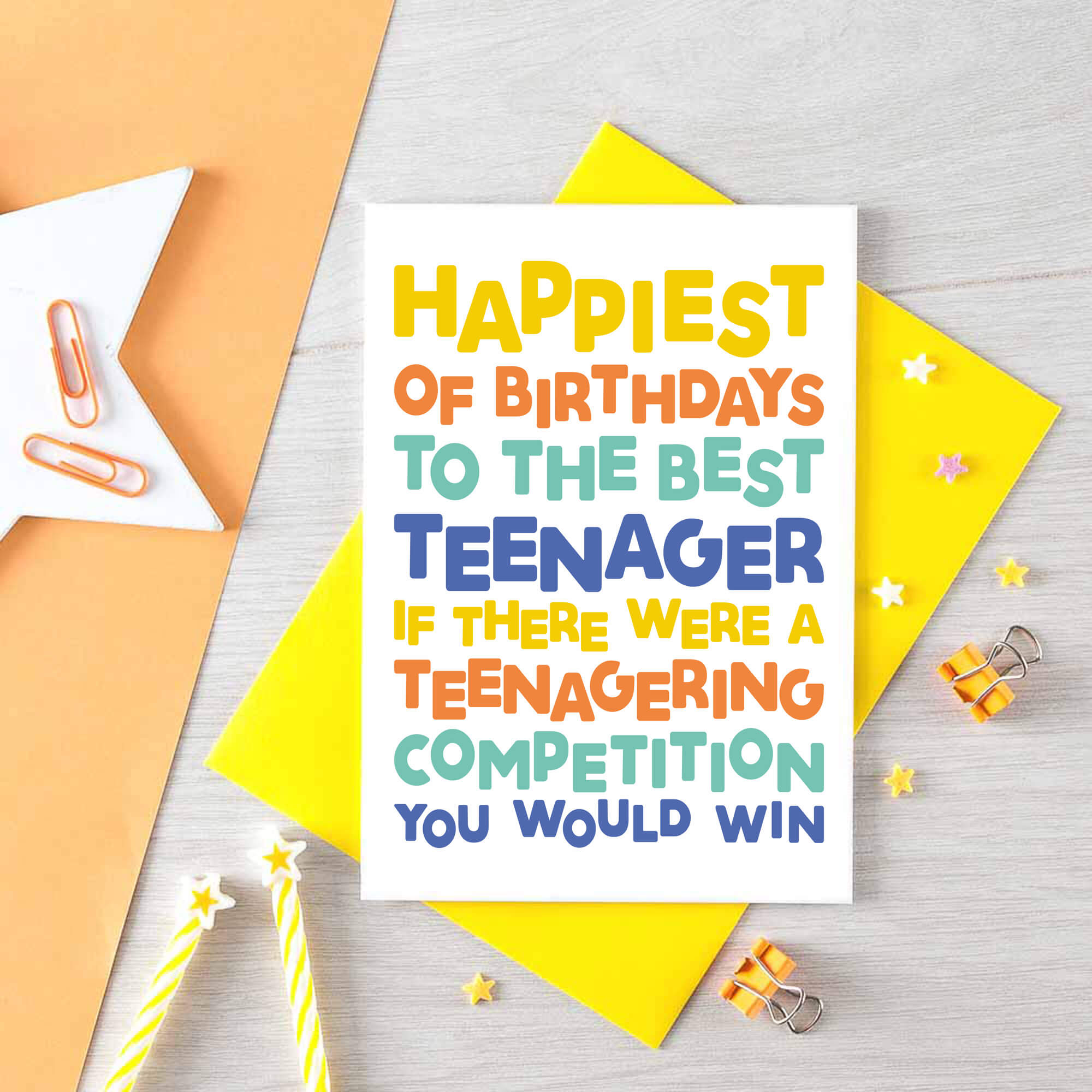 Teenager Birthday Card by SixElevenCreations. Reads Happiest of birthdays to the best teenager. If there were a teenagering competition you would win. Product Code SE0713A6