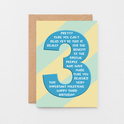 3rd Birthday Card by SixElevenCreations. Reads Pretty sure you can't read yet so this is really for the benefit of the special people who have made sure you reached this very important milestone. Happy third birthday! Product Code SE6003A6