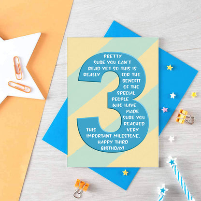 3rd Birthday Card by SixElevenCreations. Reads Pretty sure you can't read yet so this is really for the benefit of the special people who have made sure you reached this very important milestone. Happy third birthday! Product Code SE6003A6